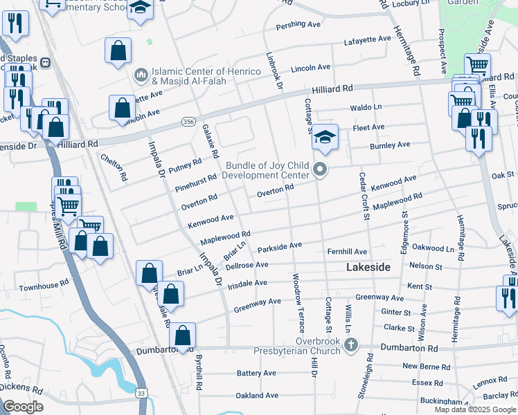 map of restaurants, bars, coffee shops, grocery stores, and more near 2818 Kenwood Avenue in Richmond