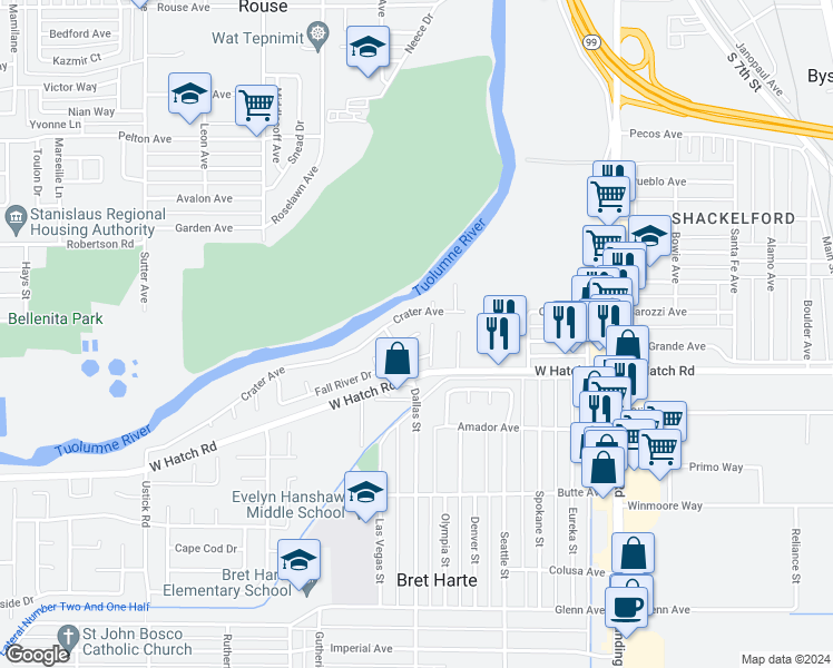 map of restaurants, bars, coffee shops, grocery stores, and more near 608 Danube Court in Modesto