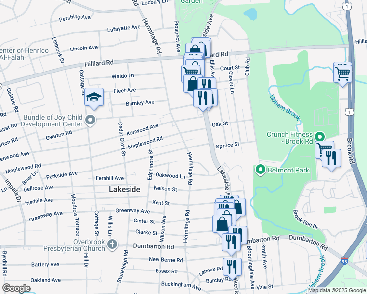 map of restaurants, bars, coffee shops, grocery stores, and more near 5900 Hermitage Road in Henrico
