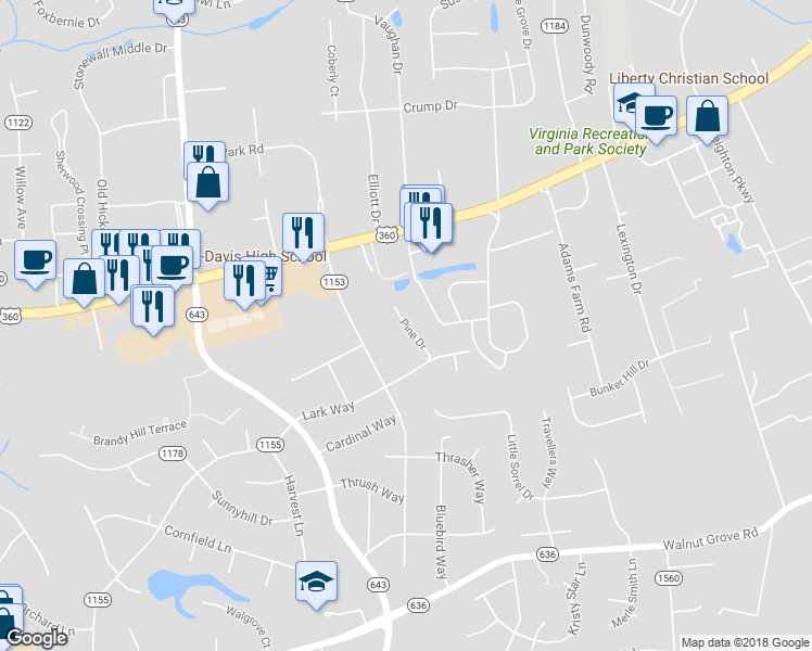 map of restaurants, bars, coffee shops, grocery stores, and more near 7395 Pine Drive in Mechanicsville