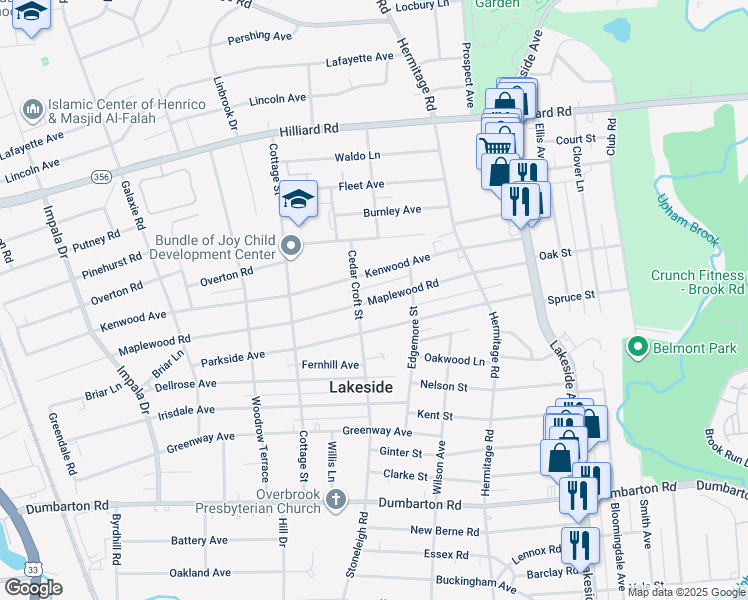 map of restaurants, bars, coffee shops, grocery stores, and more near 2518 Maplewood Road in Henrico