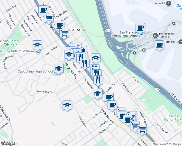 map of restaurants, bars, coffee shops, grocery stores, and more near 117 San Juan Avenue in San Bruno