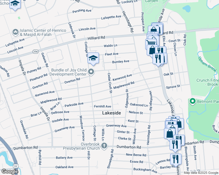 map of restaurants, bars, coffee shops, grocery stores, and more near 2600 Maplewood Road in Henrico
