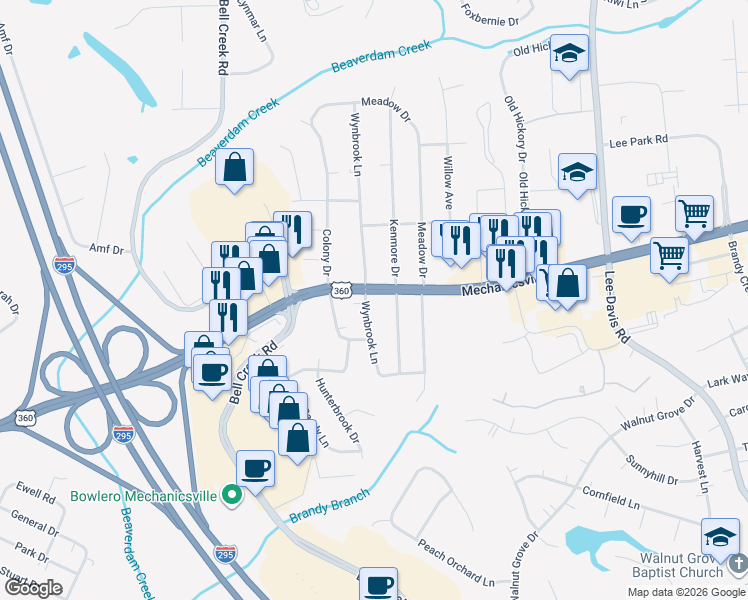 map of restaurants, bars, coffee shops, grocery stores, and more near 7959 Kenmore Drive in Mechanicsville