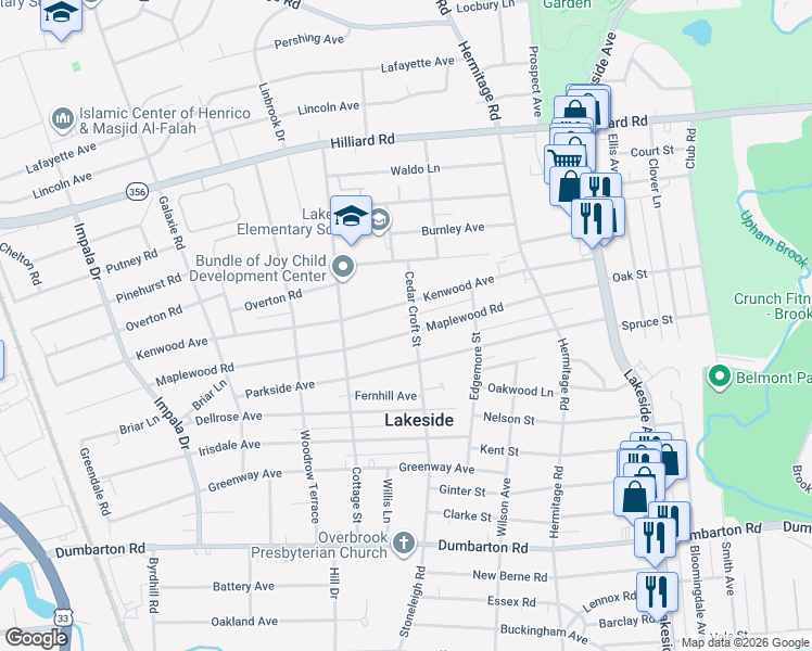 map of restaurants, bars, coffee shops, grocery stores, and more near 2611 Kenwood Avenue in Richmond