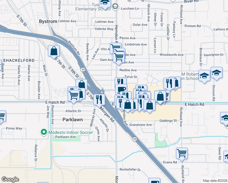 map of restaurants, bars, coffee shops, grocery stores, and more near 1305 Herndon Road in Modesto