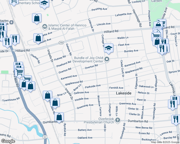 map of restaurants, bars, coffee shops, grocery stores, and more near 2810 Kenwood Avenue in Richmond