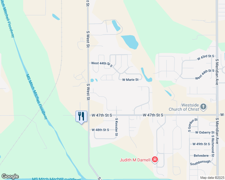 map of restaurants, bars, coffee shops, grocery stores, and more near 3699 West 45th Street South in Wichita