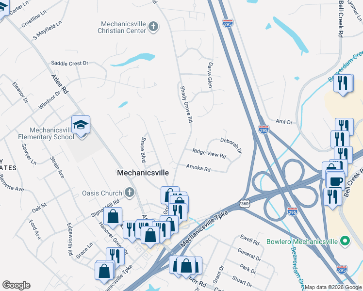 map of restaurants, bars, coffee shops, grocery stores, and more near 7493 Delkin Circle in Mechanicsville