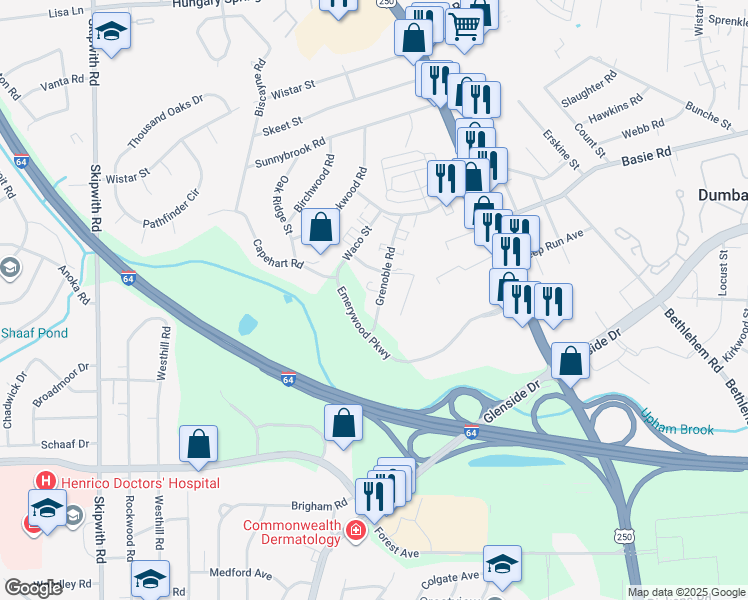 map of restaurants, bars, coffee shops, grocery stores, and more near 2420 Grenoble Road in Richmond