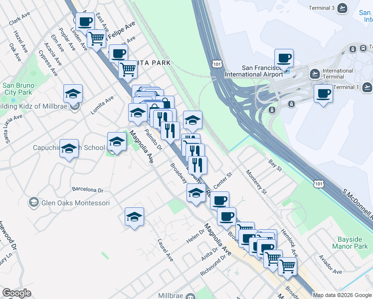 map of restaurants, bars, coffee shops, grocery stores, and more near 117 San Juan Avenue in San Bruno