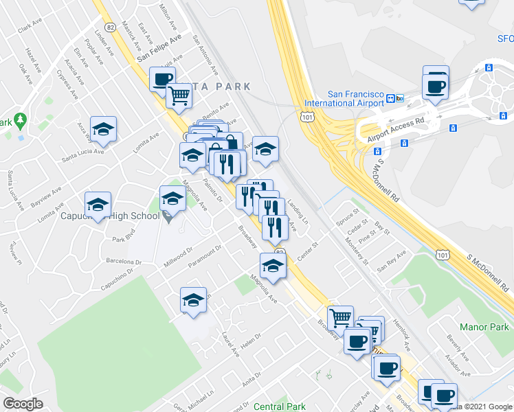 map of restaurants, bars, coffee shops, grocery stores, and more near 117 San Juan Avenue in San Bruno