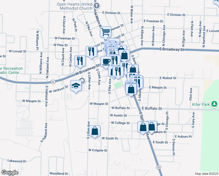 map of restaurants, bars, coffee shops, grocery stores, and more near 307 South Pike Avenue in Bolivar