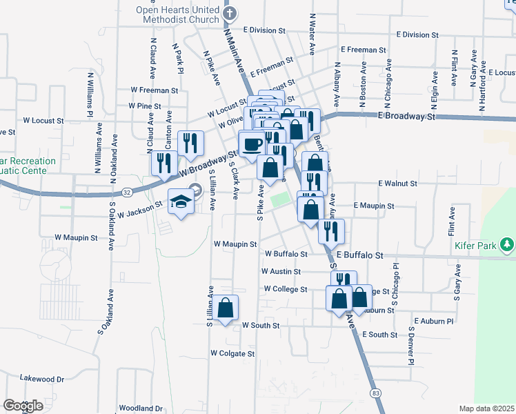 map of restaurants, bars, coffee shops, grocery stores, and more near 307 South Pike Avenue in Bolivar
