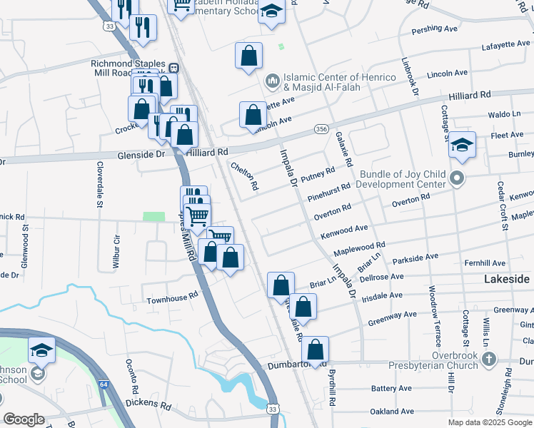 map of restaurants, bars, coffee shops, grocery stores, and more near 3016 Pinehurst Road in Henrico