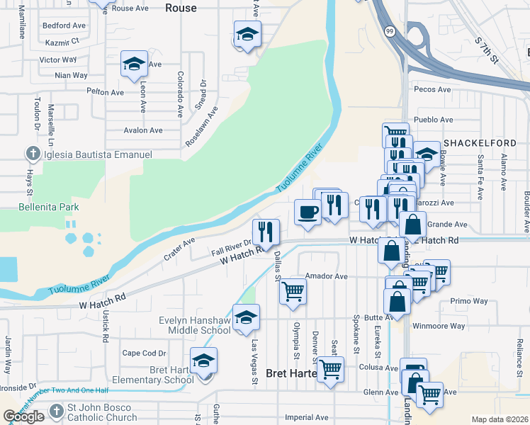 map of restaurants, bars, coffee shops, grocery stores, and more near 628 Crater Avenue in Modesto