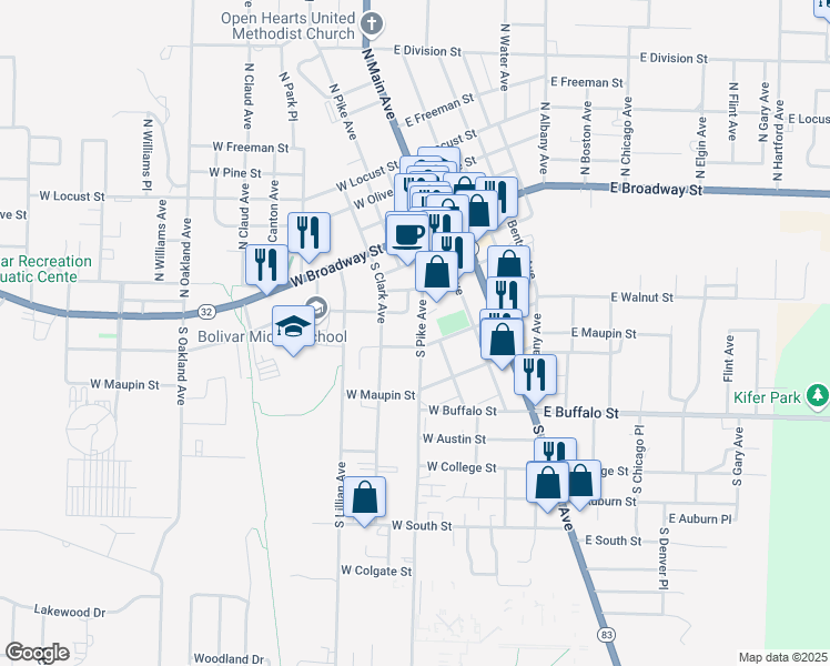 map of restaurants, bars, coffee shops, grocery stores, and more near 307 South Pike Avenue in Bolivar