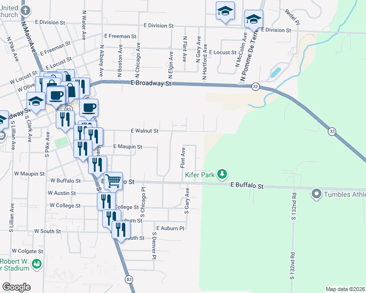 map of restaurants, bars, coffee shops, grocery stores, and more near 598 Flint Avenue in Bolivar