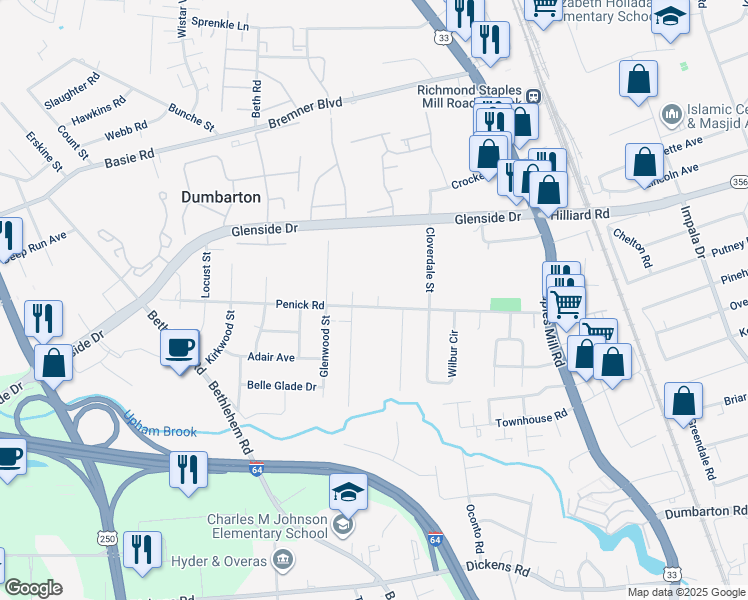 map of restaurants, bars, coffee shops, grocery stores, and more near 4600 Penick Road in Henrico
