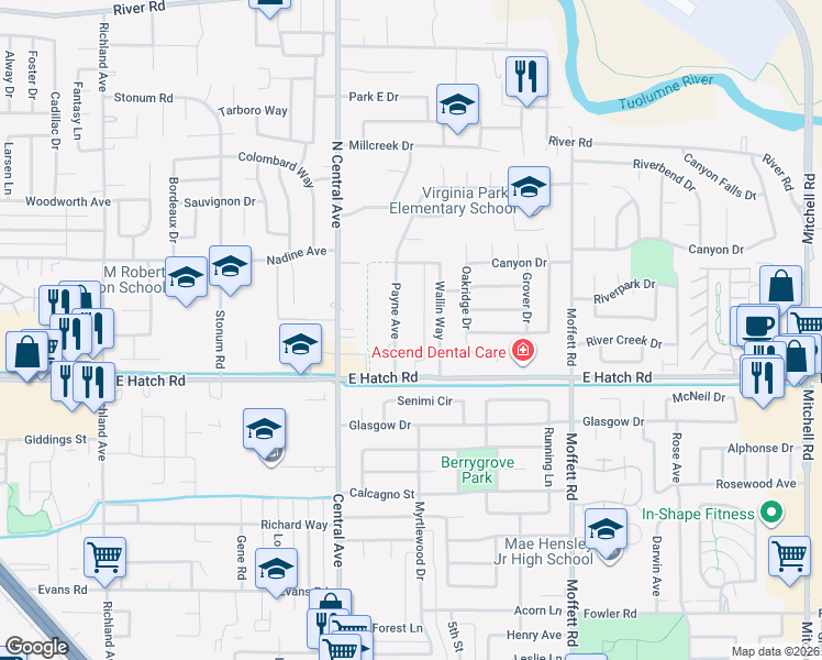 map of restaurants, bars, coffee shops, grocery stores, and more near 1308 Payne Avenue in Modesto