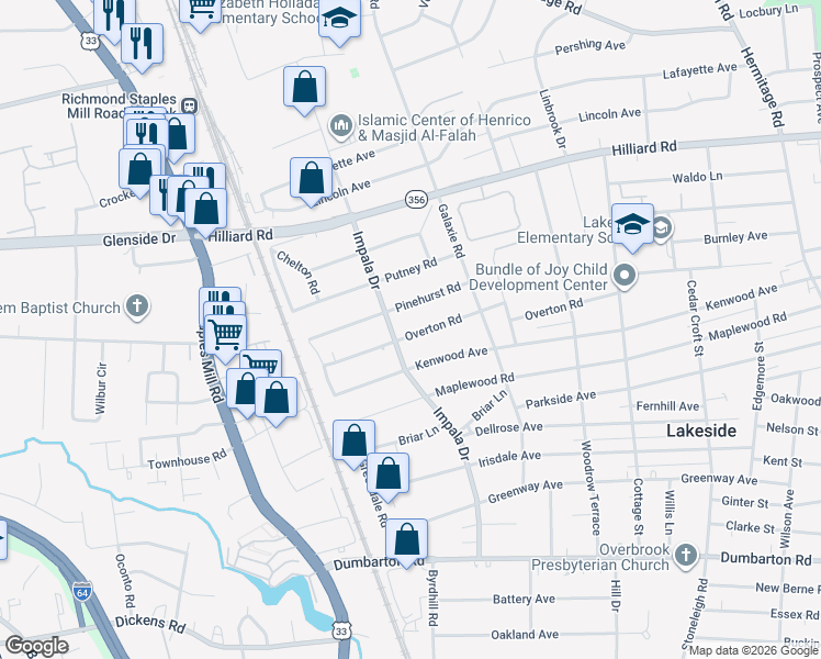map of restaurants, bars, coffee shops, grocery stores, and more near 2923 Pinehurst Road in Richmond
