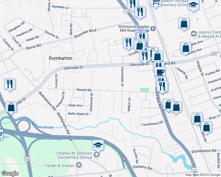 map of restaurants, bars, coffee shops, grocery stores, and more near 6805 Elmgrove Street in Richmond