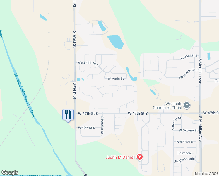 map of restaurants, bars, coffee shops, grocery stores, and more near 3401-3699 West 45th Street South in Wichita