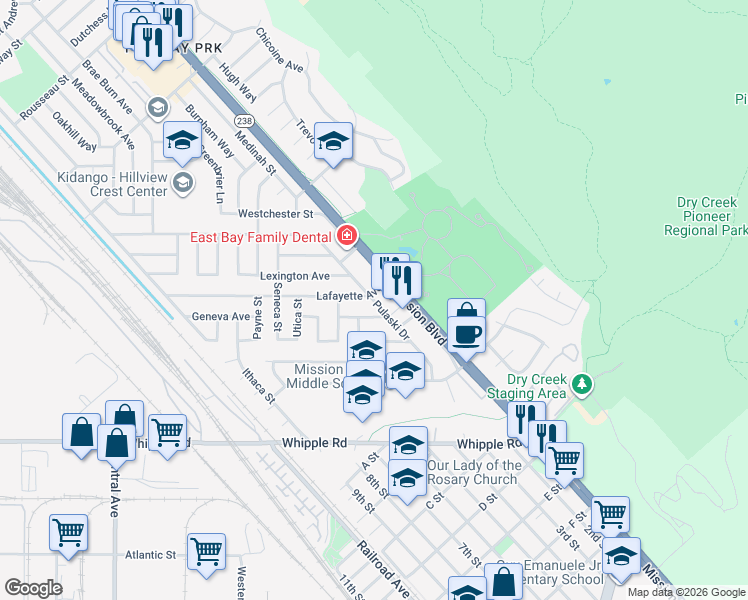 map of restaurants, bars, coffee shops, grocery stores, and more near 32550 Lafayette Avenue in Hayward
