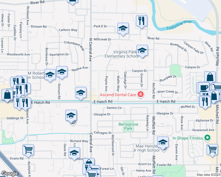 map of restaurants, bars, coffee shops, grocery stores, and more near 1308 Payne Avenue in Modesto