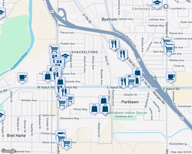 map of restaurants, bars, coffee shops, grocery stores, and more near 1306 Alamo Avenue in Modesto