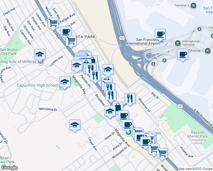 map of restaurants, bars, coffee shops, grocery stores, and more near 5 Berni Court in Millbrae