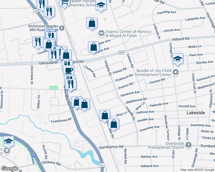 map of restaurants, bars, coffee shops, grocery stores, and more near 3007 Pinehurst Road in Richmond