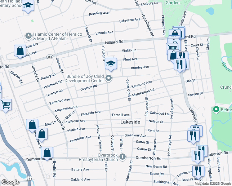 map of restaurants, bars, coffee shops, grocery stores, and more near 2621 Kenwood Avenue in Henrico