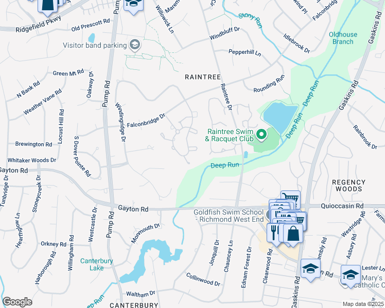 map of restaurants, bars, coffee shops, grocery stores, and more near 1702 Willow Wind Circle in Richmond