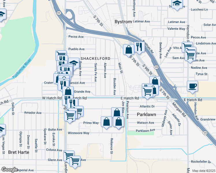 map of restaurants, bars, coffee shops, grocery stores, and more near 1306 Alamo Avenue in Modesto