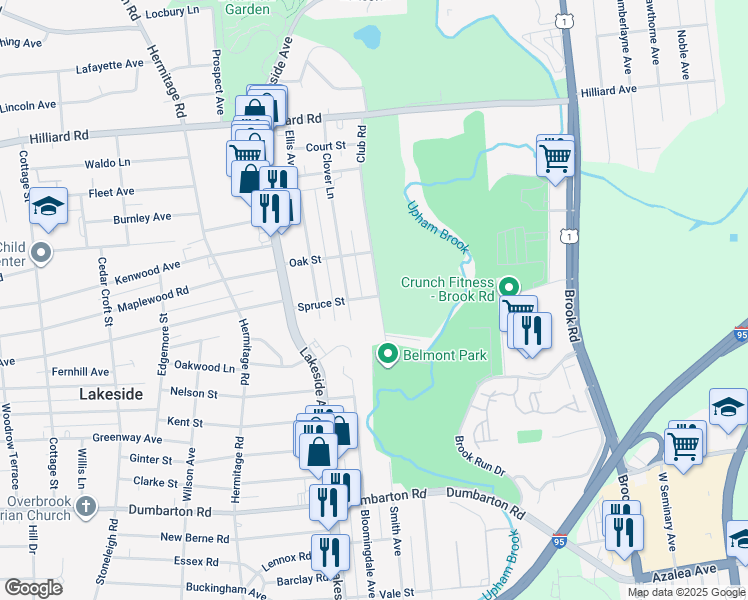 map of restaurants, bars, coffee shops, grocery stores, and more near 6100 Club Road in Richmond
