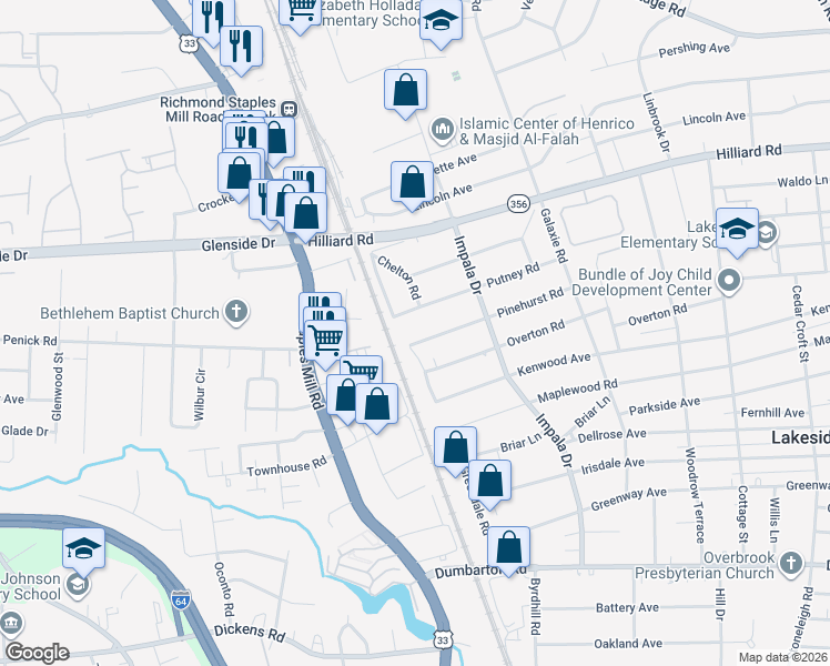 map of restaurants, bars, coffee shops, grocery stores, and more near 3016 Pinehurst Road in Richmond