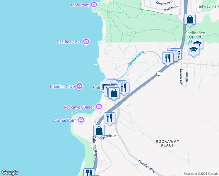 map of restaurants, bars, coffee shops, grocery stores, and more near 651 San Marlo Way in Pacifica