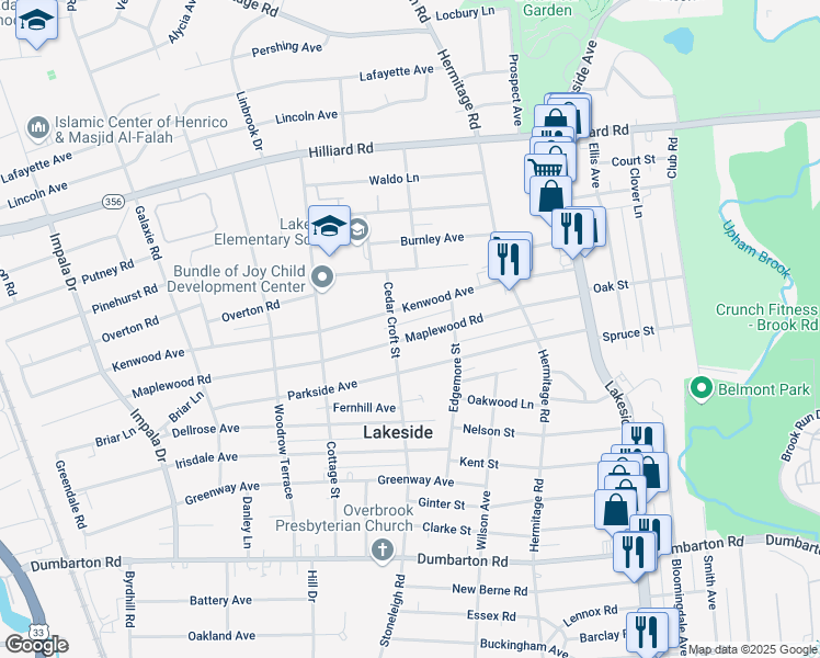 map of restaurants, bars, coffee shops, grocery stores, and more near 2518 Maplewood Road in Richmond