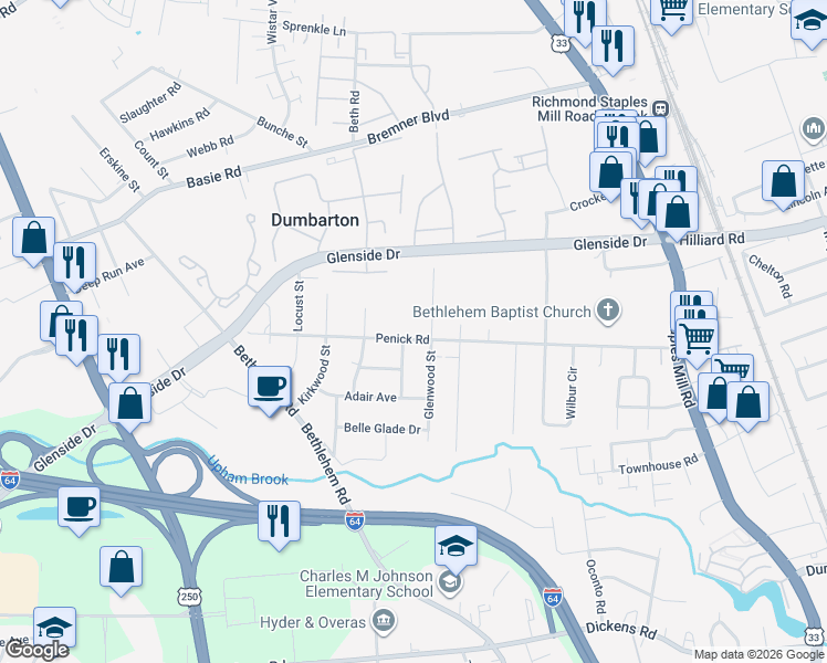 map of restaurants, bars, coffee shops, grocery stores, and more near 4806 Penick Road in Richmond