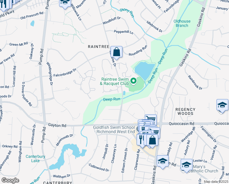 map of restaurants, bars, coffee shops, grocery stores, and more near 1711 Foxfire Circle in Richmond
