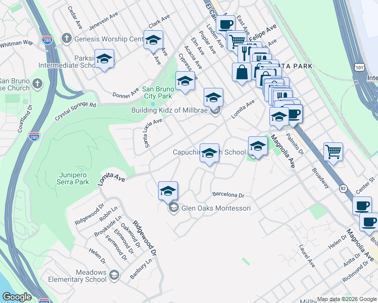 map of restaurants, bars, coffee shops, grocery stores, and more near 507 Lomita Avenue in Millbrae