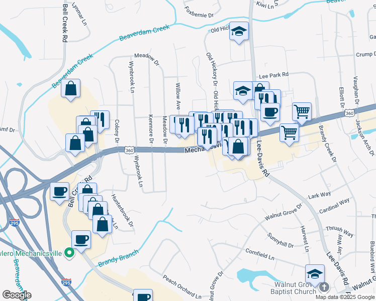 map of restaurants, bars, coffee shops, grocery stores, and more near Mechanicsville Turnpike in Mechanicsville