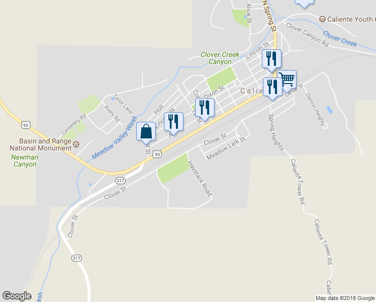 map of restaurants, bars, coffee shops, grocery stores, and more near Clover Street in Caliente