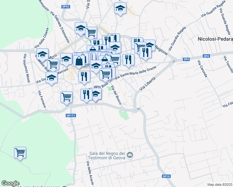 map of restaurants, bars, coffee shops, grocery stores, and more near 286 Via del Bosco in Mascalucia