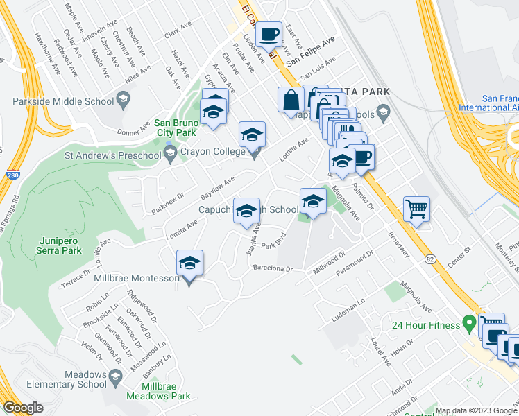 map of restaurants, bars, coffee shops, grocery stores, and more near 404 Juanita Avenue in Millbrae