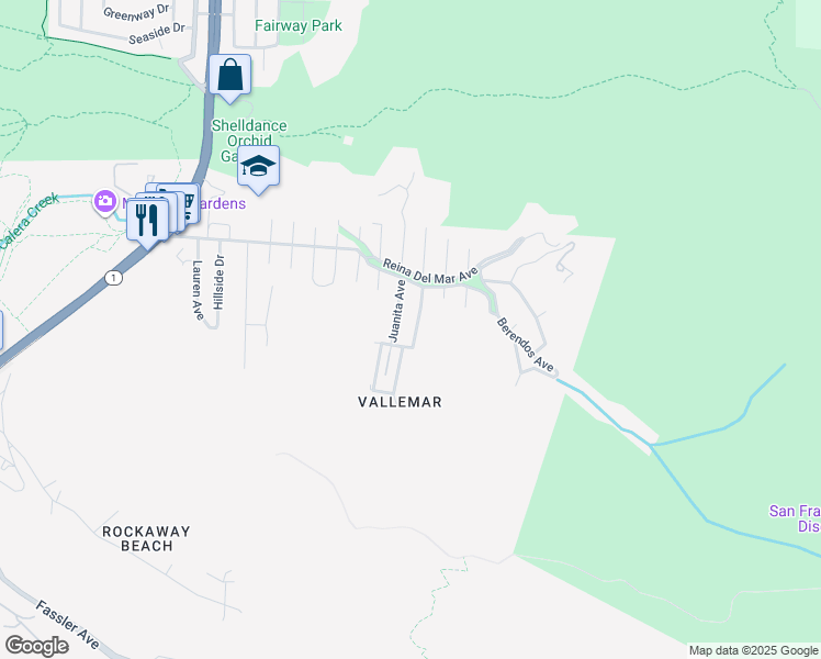 map of restaurants, bars, coffee shops, grocery stores, and more near 280 Angelita Avenue in Pacifica