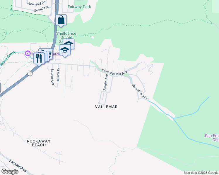 map of restaurants, bars, coffee shops, grocery stores, and more near 280 Angelita Avenue in Pacifica