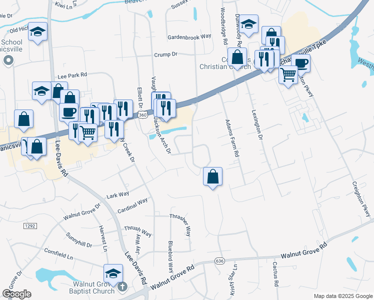 map of restaurants, bars, coffee shops, grocery stores, and more near 7220 Jackson Arch Drive in Mechanicsville