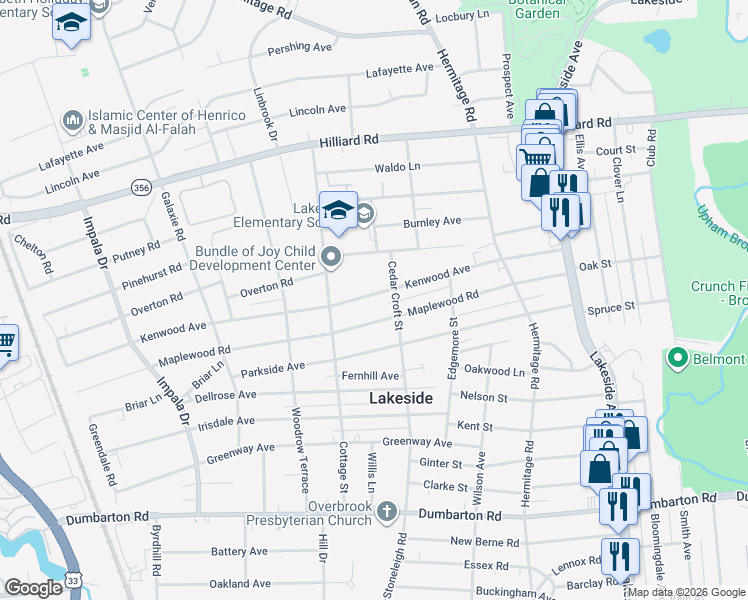 map of restaurants, bars, coffee shops, grocery stores, and more near 2611 Kenwood Avenue in Richmond